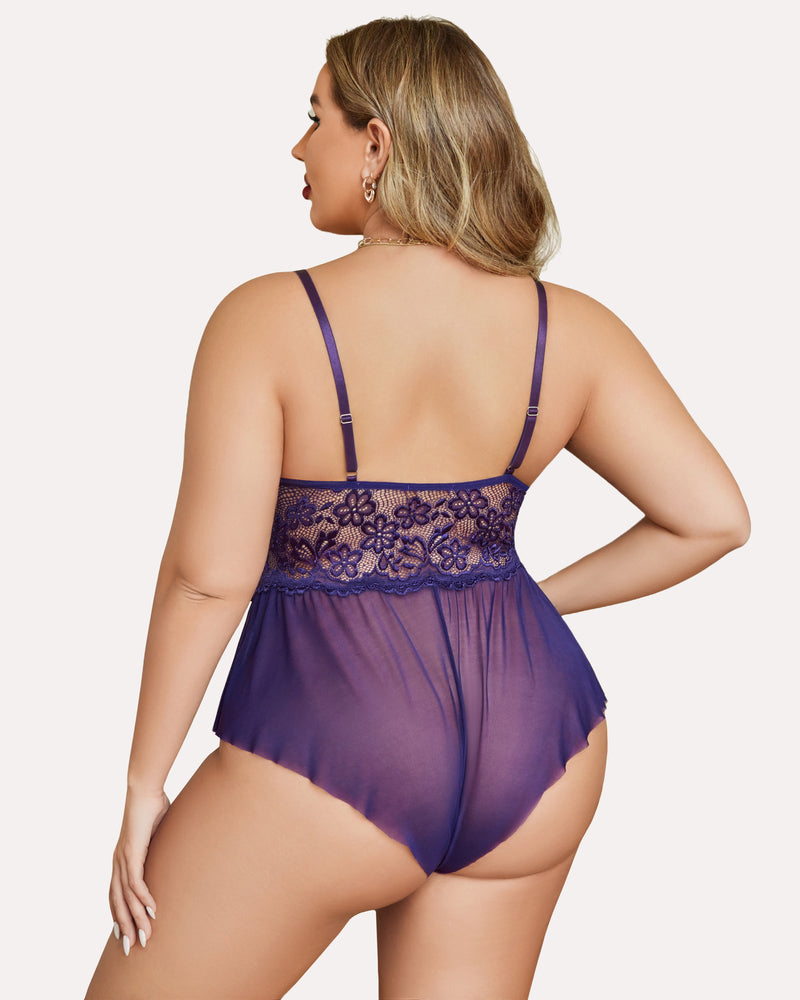 Plus Size Purple Lace Teddy Bodysuit with Adjustable Straps and Floral Lace Detail