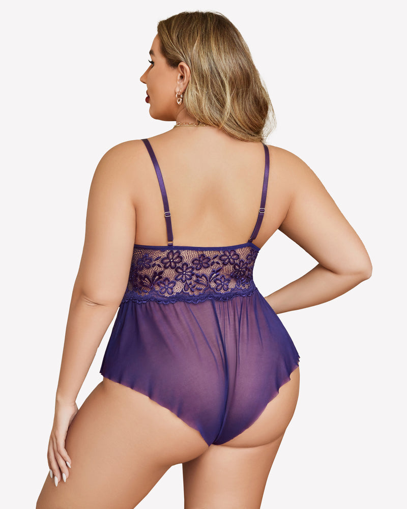 Plus size purple lace bodysuit with adjustable straps and ruffle skirt on model, sexy teddy lingerie