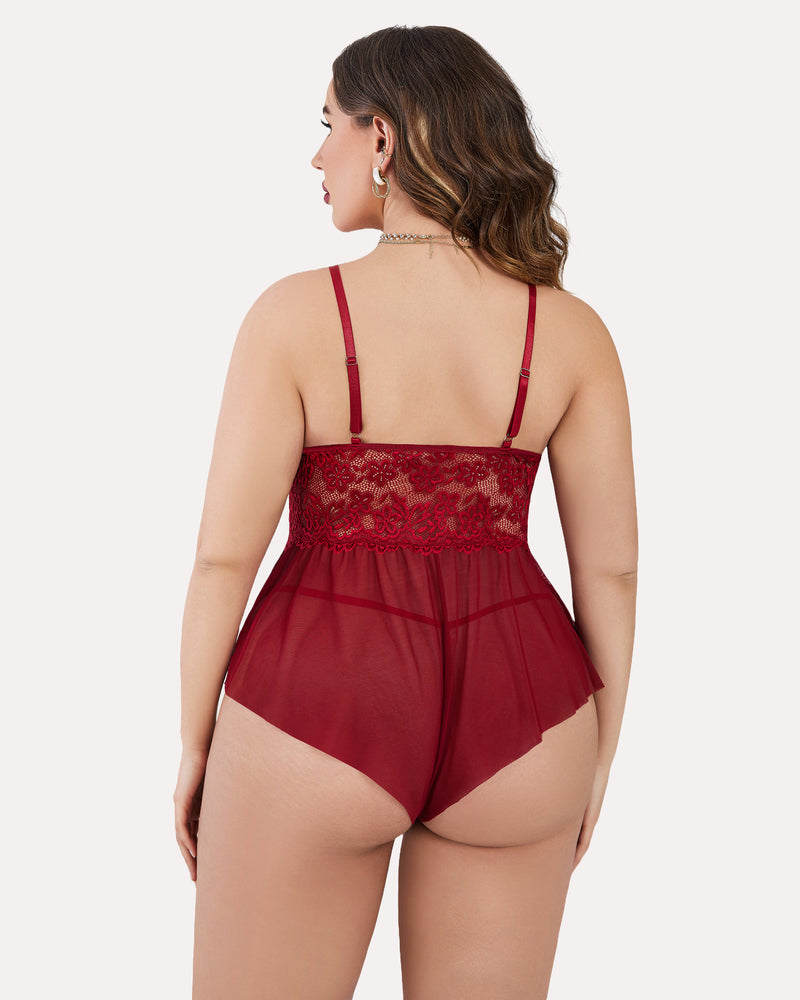 Burgundy lace plus size teddy bodysuit with adjustable straps and ruffle trim. Sexy lingerie.