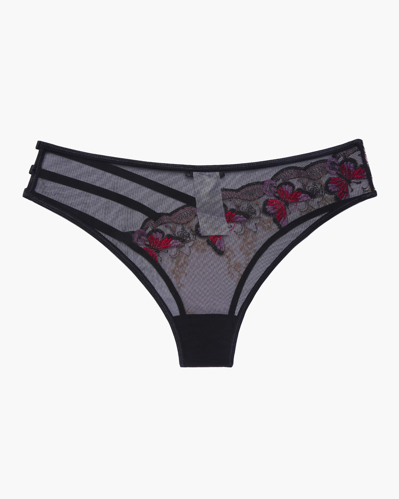 Avidlove black mesh panties with pink and red floral embroidery, triple straps, sexy lingerie