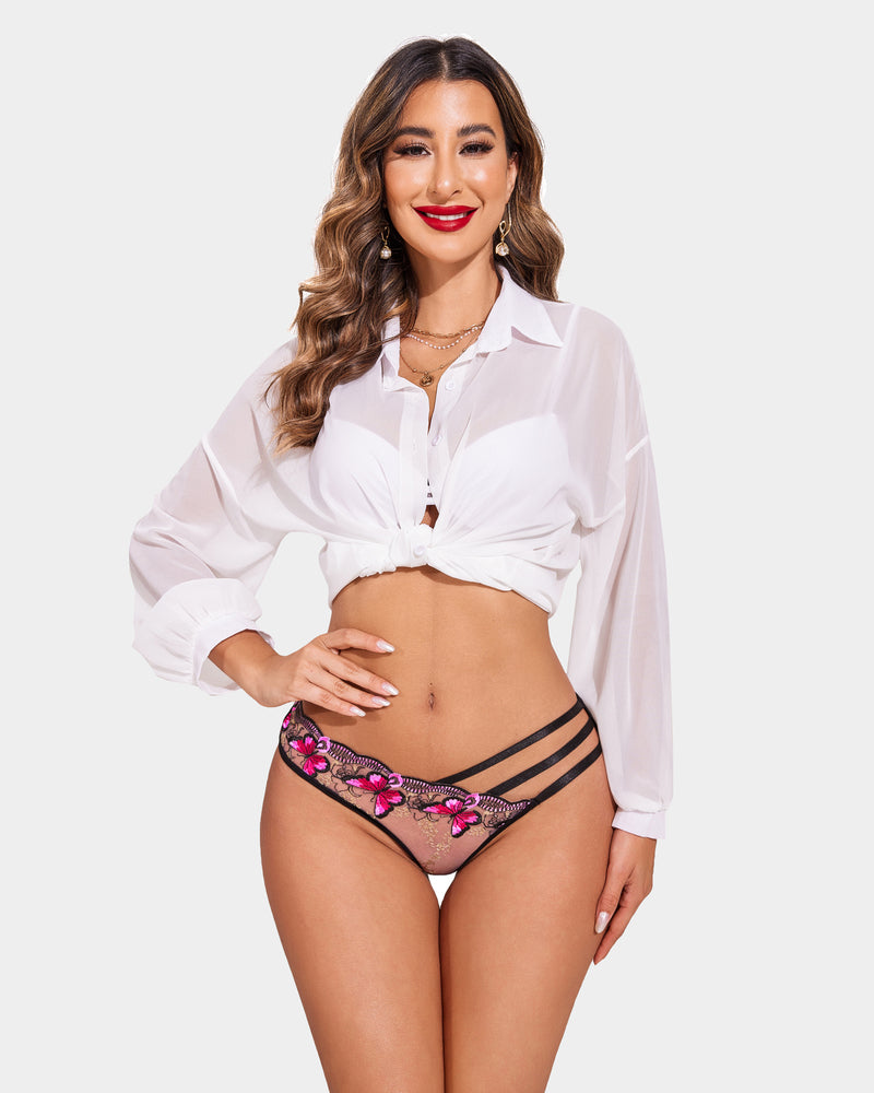 Avidlove Butterfly Embroidered Mesh Panties, Pink Floral Underwear with Black Straps, Sexy Lingerie