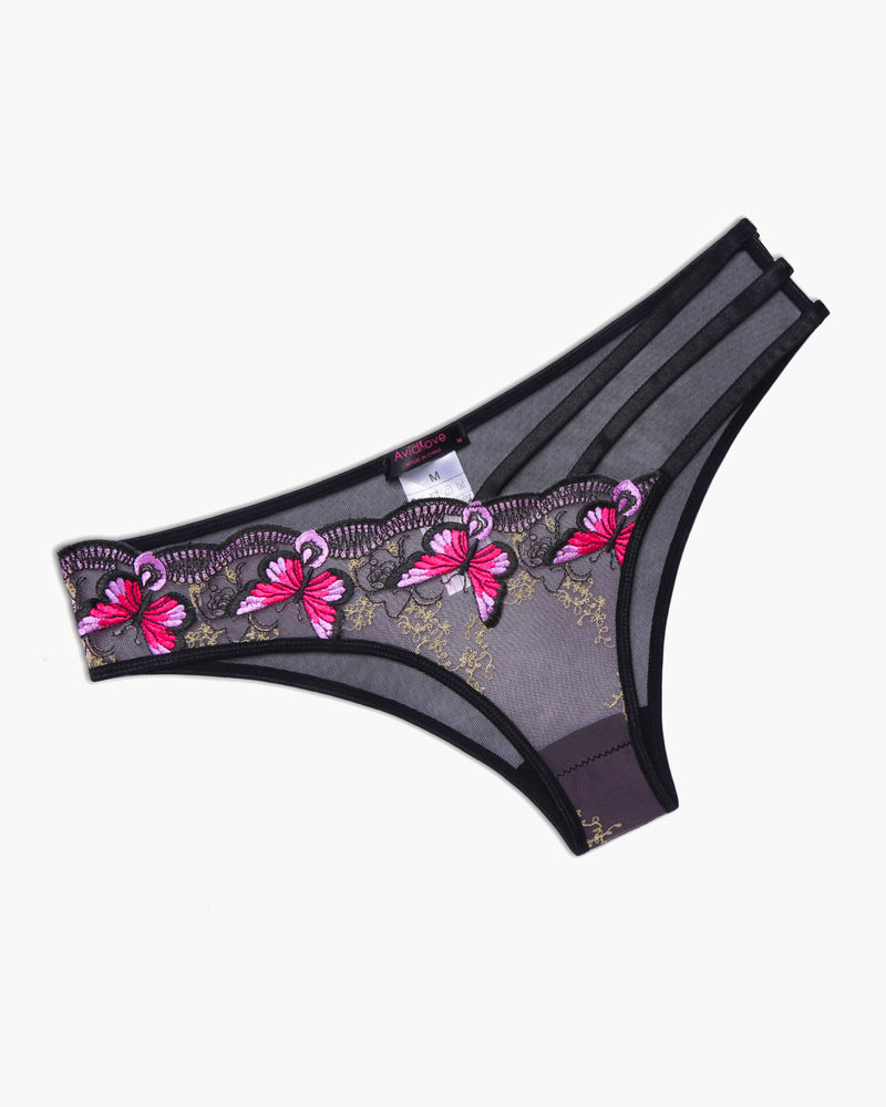 Avidlove Butterfly Embroidered Mesh Panties, black and pink floral, triple straps, sexy lingerie