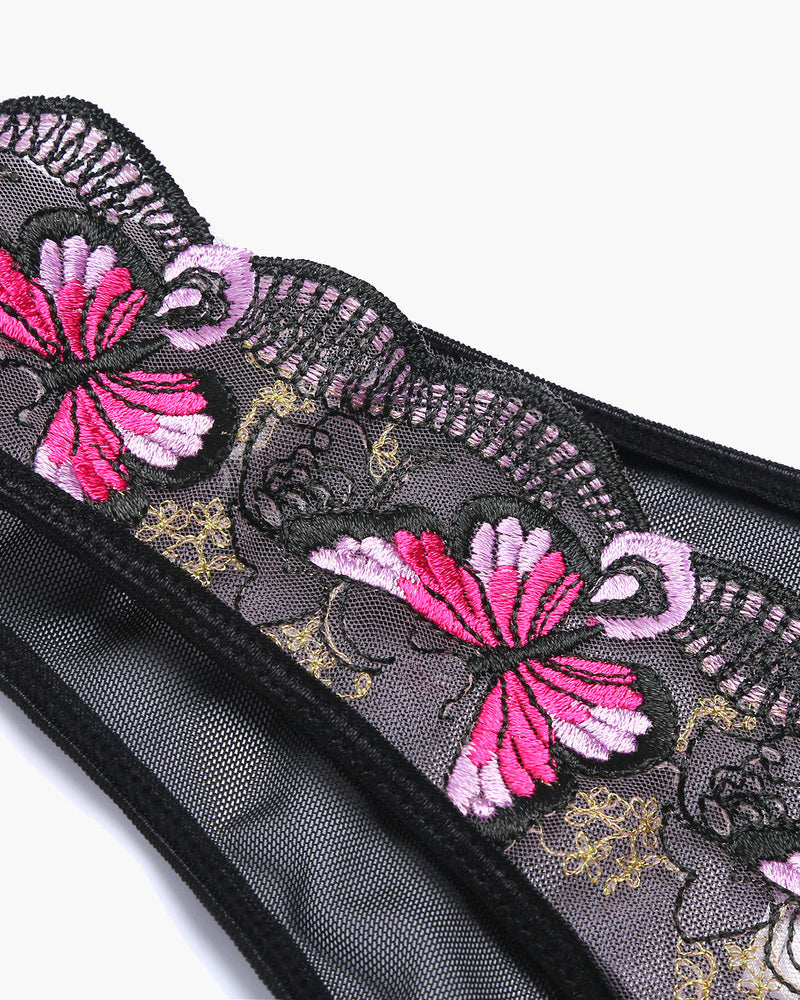 Butterfly embroidered black mesh Avidlove panties with pink and purple floral design, sexy lingerie
