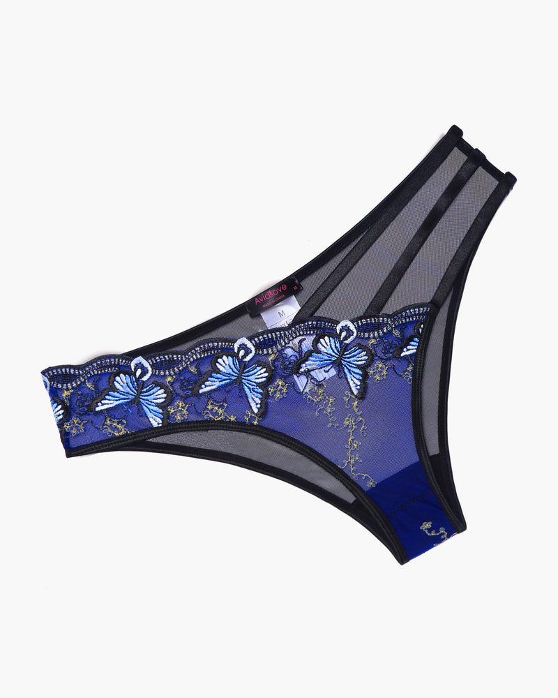 Avidlove blue butterfly embroidered mesh panties, triple straps, sexy lingerie, low rise, mesh.