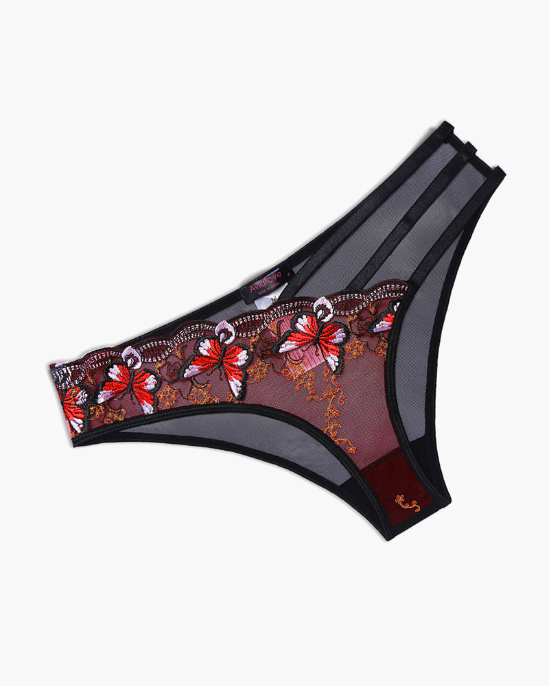 Avidlove butterfly embroidered mesh panties, burgundy, red floral, triple straps, sexy lingerie