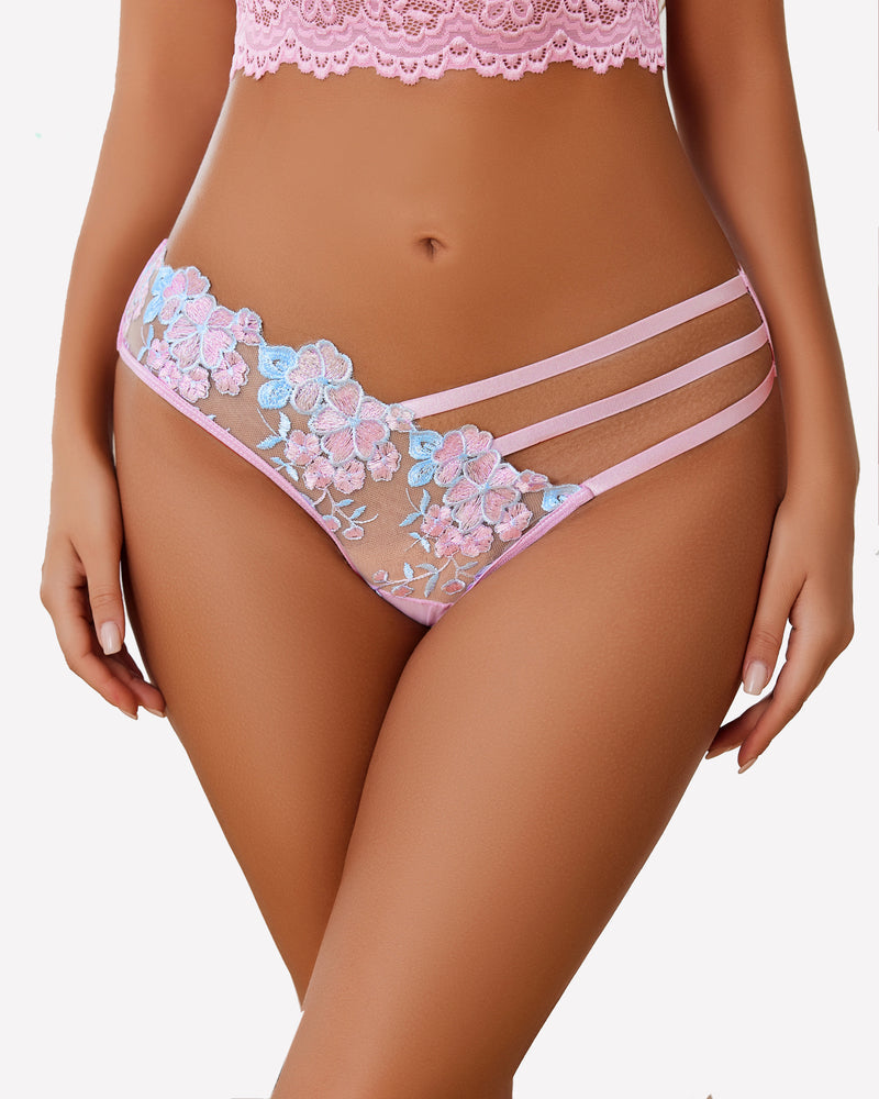 Avidlove pink butterfly embroidered mesh panties with triple straps, floral design, sexy lingerie.