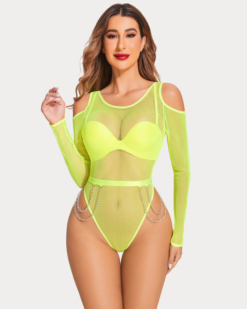 Neon yellow mesh bodysuit with chains, long sleeves and snap crotch; sexy lingerie for women.