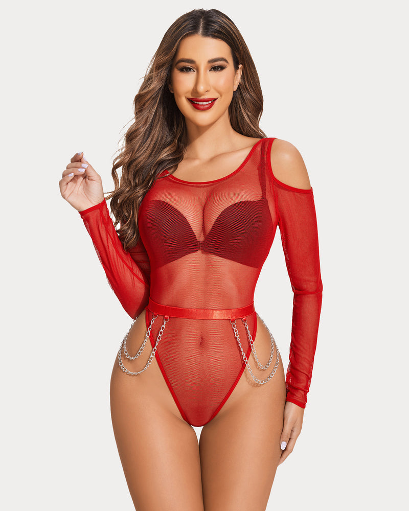 Red mesh bodysuit with chains, long sleeves, U-neck, and snap crotch. Sexy lingerie