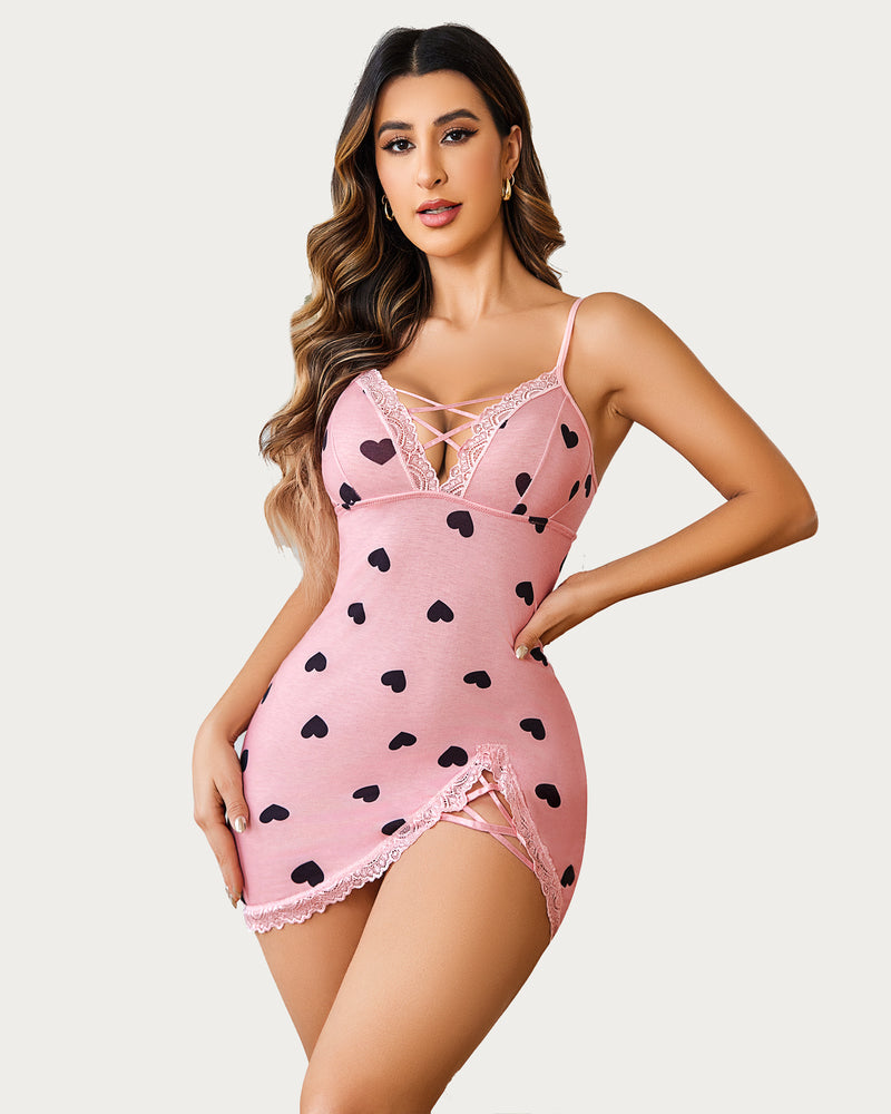 Pink heart-print sleep dress with lace trim and side slit, sexy lingerie for women