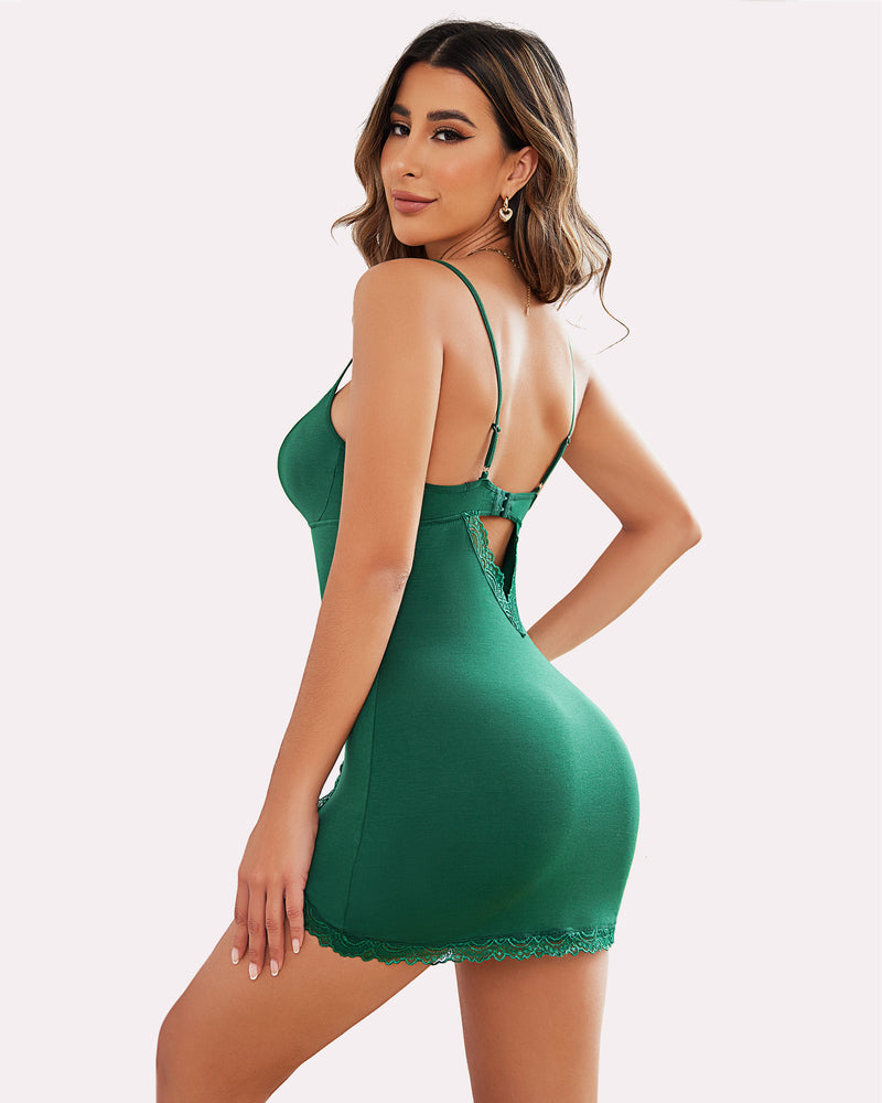 Green Avidlove slip dress with lace trim, adjustable straps and side slit. Sexy lingerie.