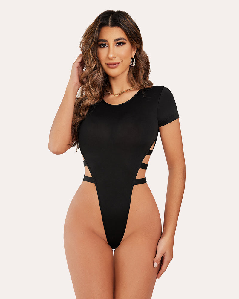 Black cut-out bodysuit, crew neck, short sleeves. Stylish, sexy for women's night out.