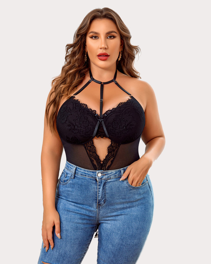 Plus Size Black Lace Bodysuit with Halter Neck and Cut-Out Detail