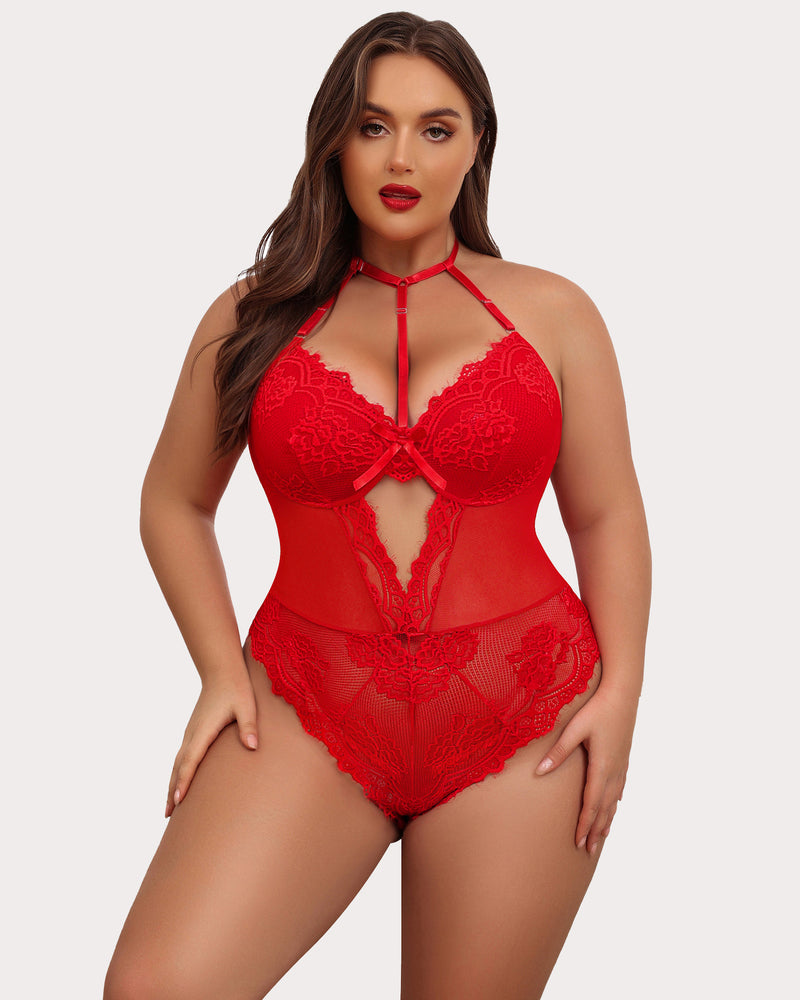 Plus Size Red Lace Bodysuit Teddy with Halter Neck and Cut-Out Detail