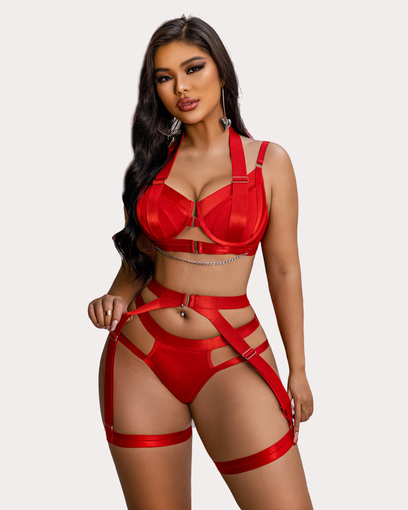 Red lingerie garter set with chain detail and halter bra from Avidlove, sexy for women