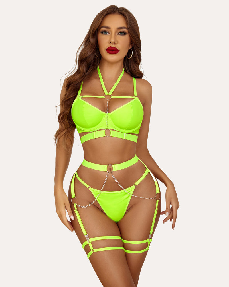 Neon green push-up bra and garter set. Sexy lingerie with chain details and adjustable straps.