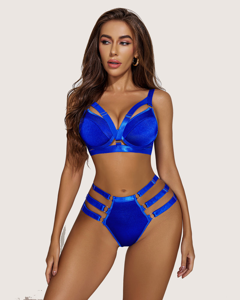 Royal blue strappy push-up bra and panty set with metal ring details; sexy lingerie for women
