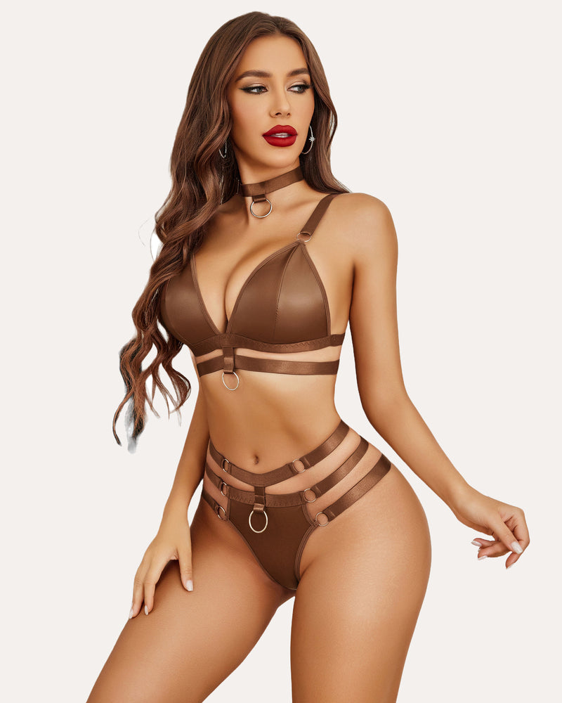Brown O-Ring Cut Out Lingerie Set. Edgy Bra, Panty, and Choker. Confident and stylish lingerie.