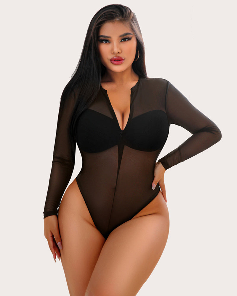 Black sheer bodysuit with geometric pattern and long sleeves, enhancing body silhouette.