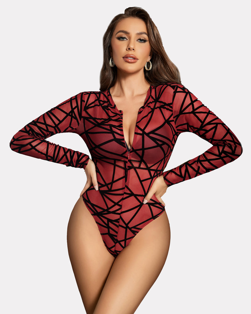 Leopard zipper sheer bodysuit, red mesh bodysuit with geometric design, long sleeve lingerie
