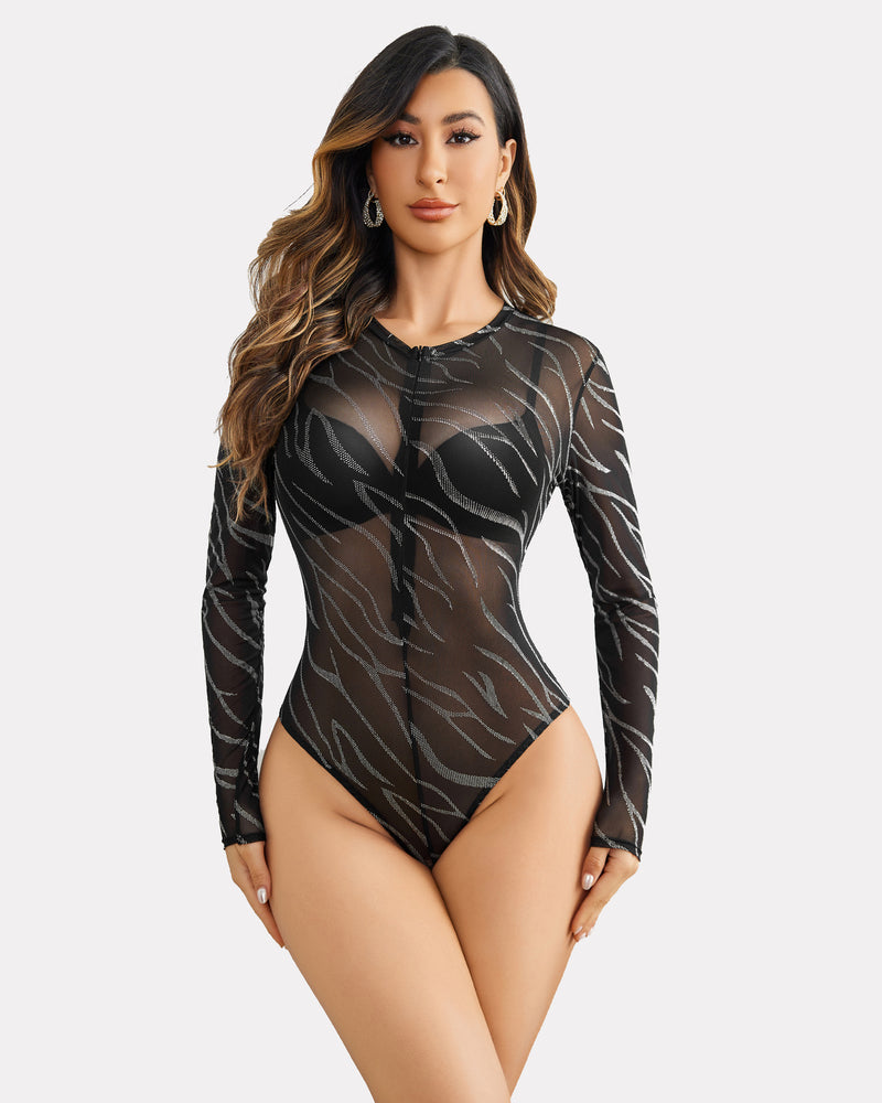 Black sheer mesh bodysuit, zipper front, silver wave pattern. Sexy Avidlove lingerie for women.