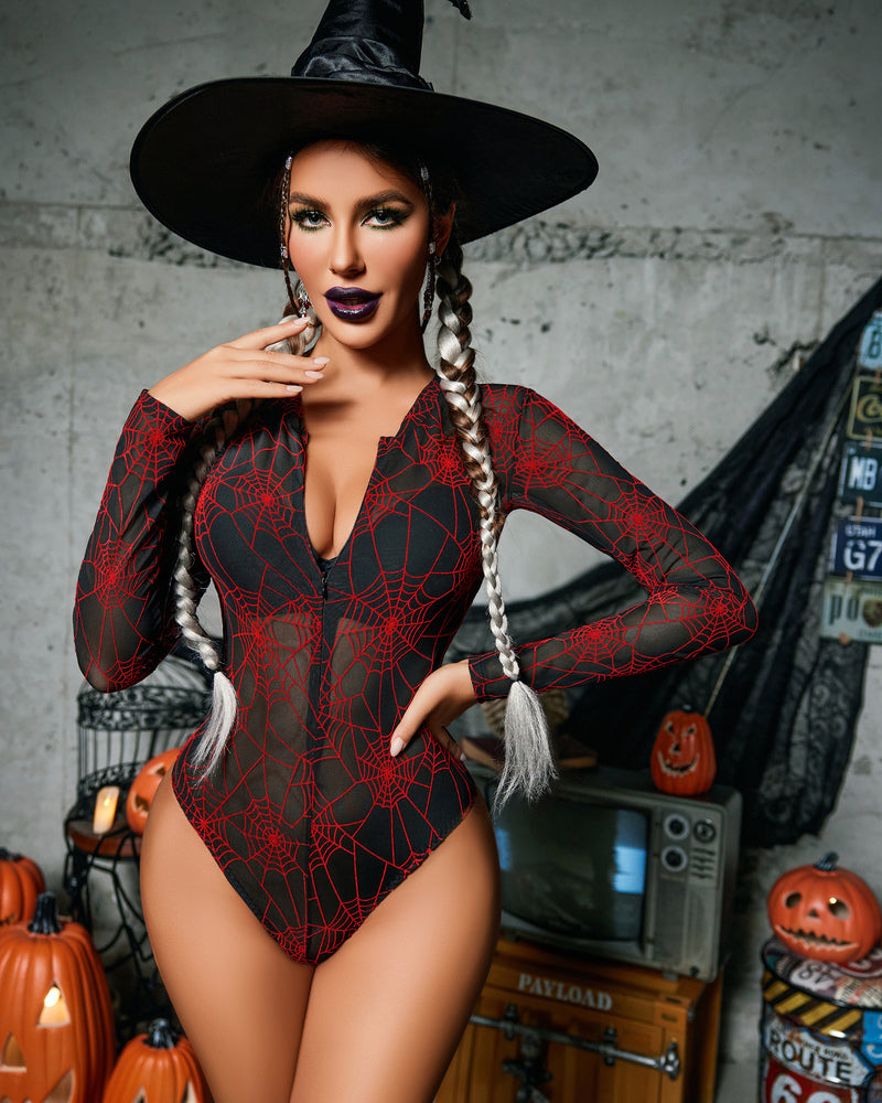 Halloween spiderweb bodysuit, sexy lingerie. Black mesh, witch hat, zipper front, long sleeves
