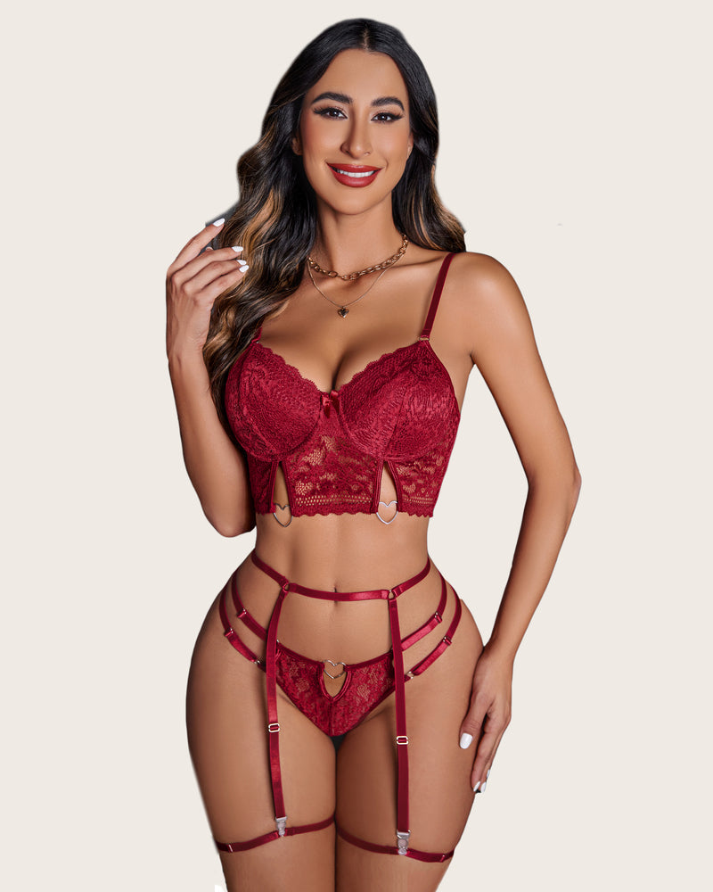 Burgundy floral lace lingerie set with heart details. Sexy push-up bra and garter belt.