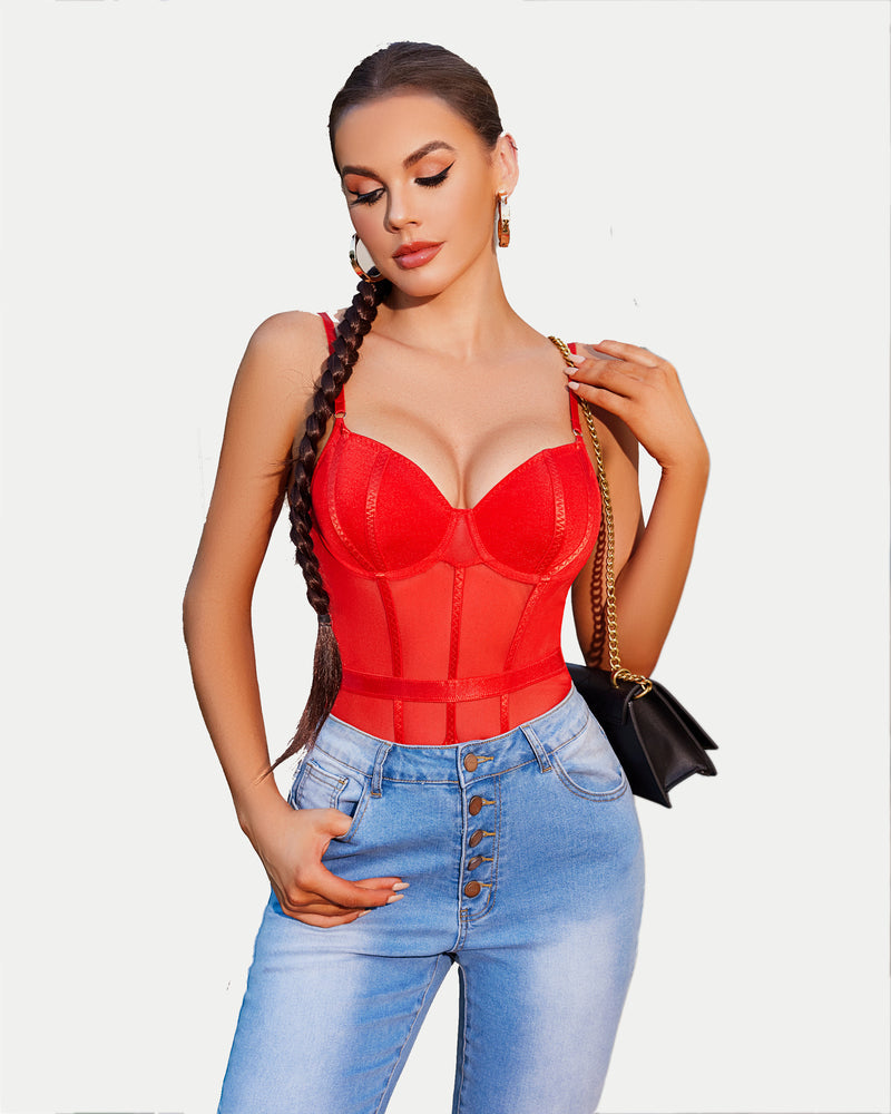 Red underwire bodysuit with mesh patchwork, paired with jeans. Sexy lingerie for women.