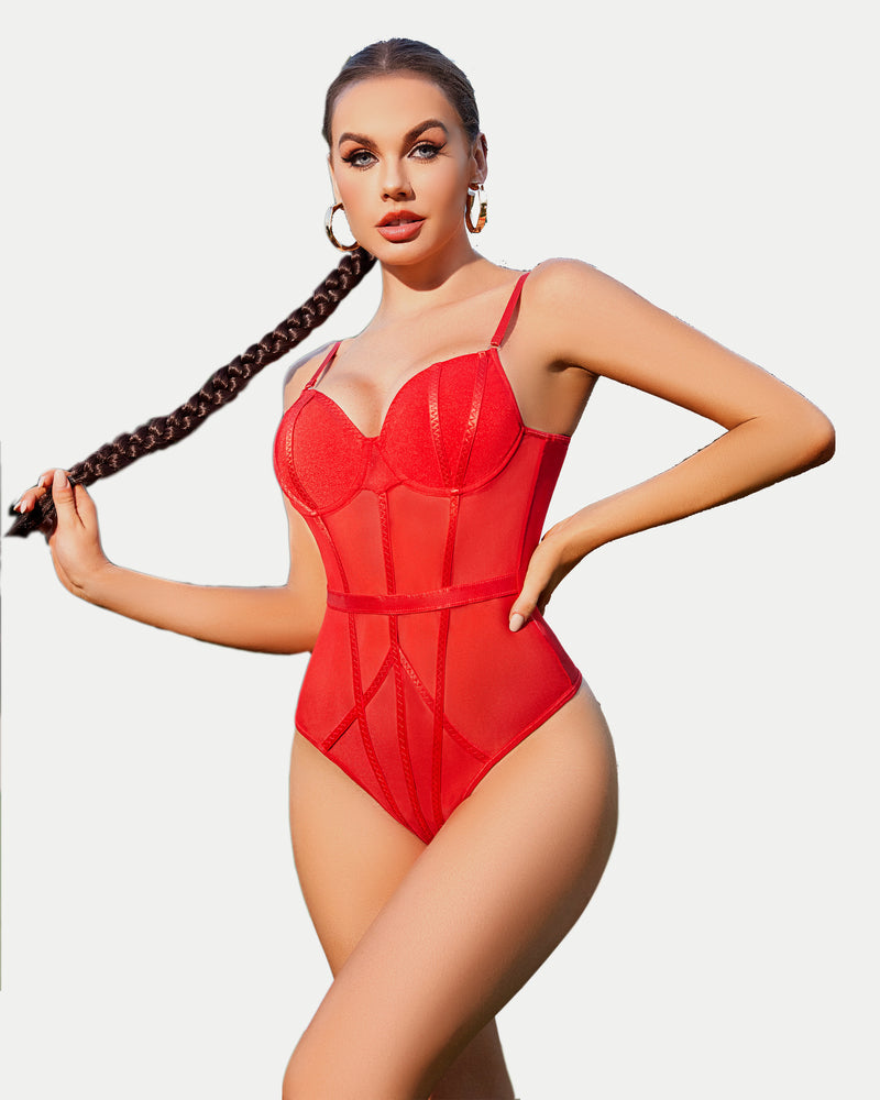 Red underwire bodysuit with mesh patchwork, perfect for Valentine's Day or boudoir shoot