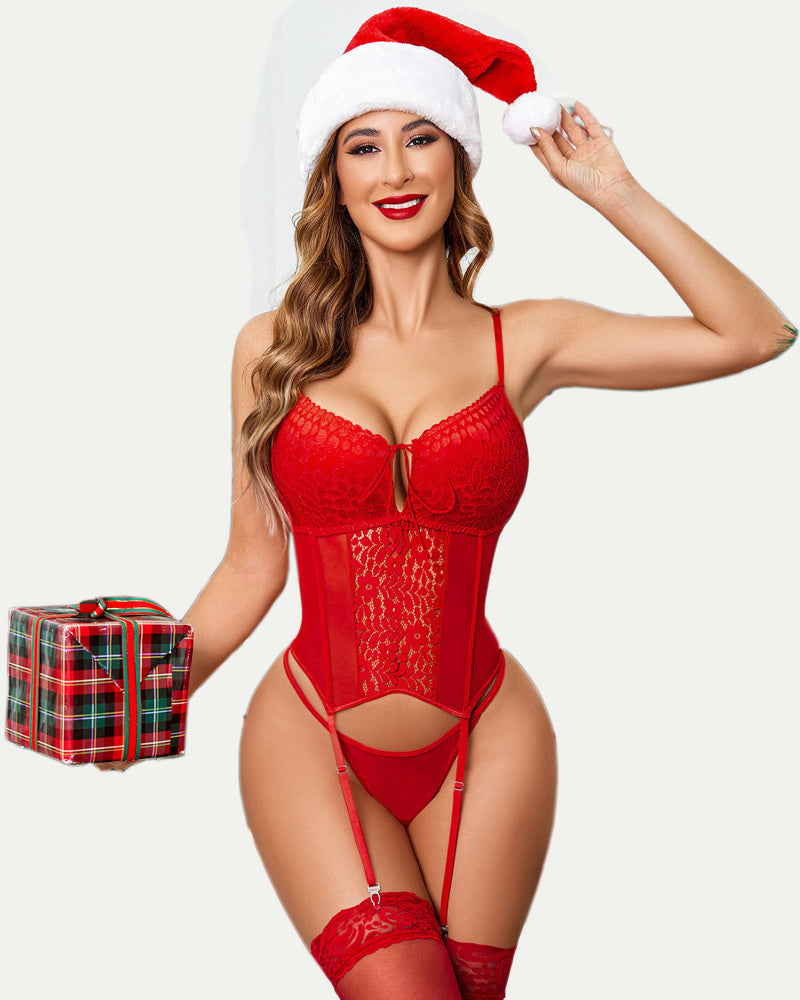 Red lace wedding lingerie set with Santa hat, bridal boudoir outfit, perfect Christmas gift.