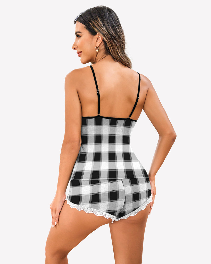 Avidlove plaid pajama set, featuring lace trim cami top and shorts, comfortable sleepwear for women