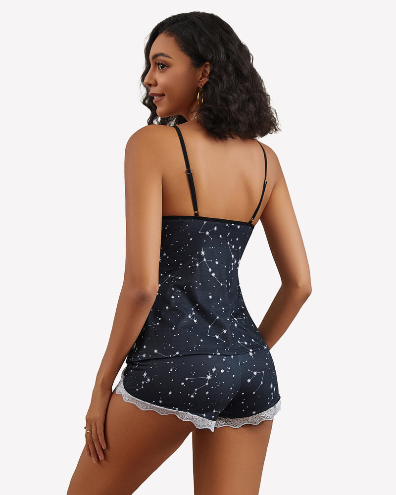 Navy constellation print pajama set, lace trim, comfortable women's sleepwear, adjustable straps.