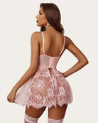 lace print babydoll slip dress with garter belt