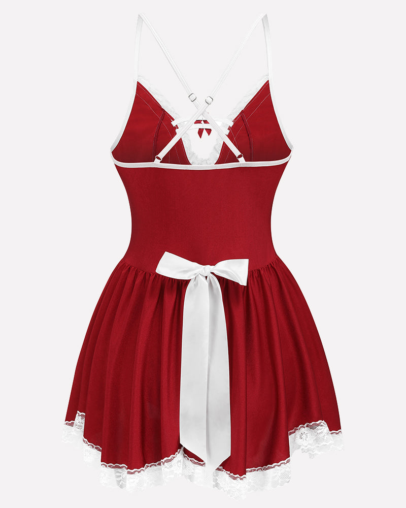 Red mesh lace roleplay nightwear with white lace trim, adjustable straps and bow, for a sexy look.