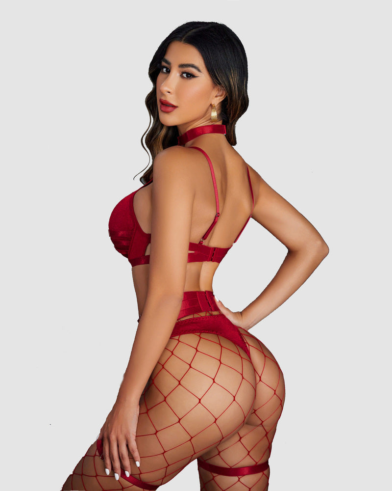 Red Bondage Lingerie Set with cut-out bra, garter belt, and thigh bands. Shows curves beautifully.