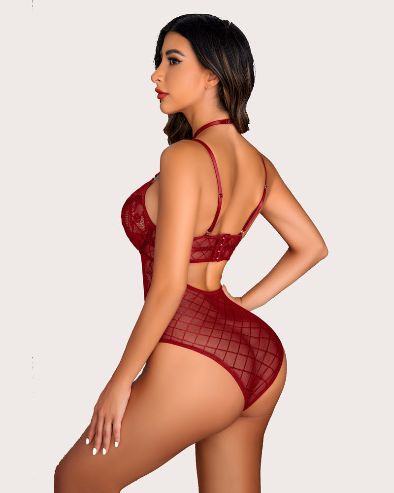 Burgundy floral lace snap crotch teddy bodysuit with choker, sexy lingerie for women.