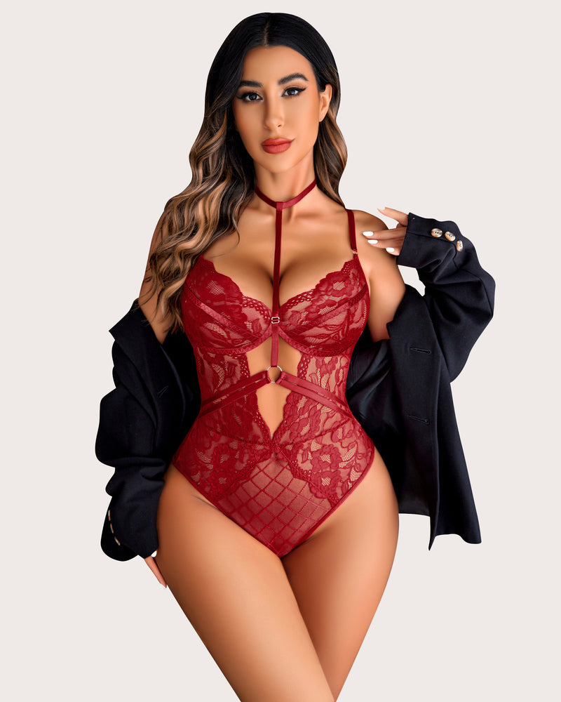 Red floral lace teddy bodysuit with choker and adjustable details, sensual lingerie for women