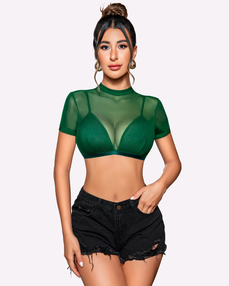 Green mesh crop top with bra, black denim shorts, sexy Avidlove style
