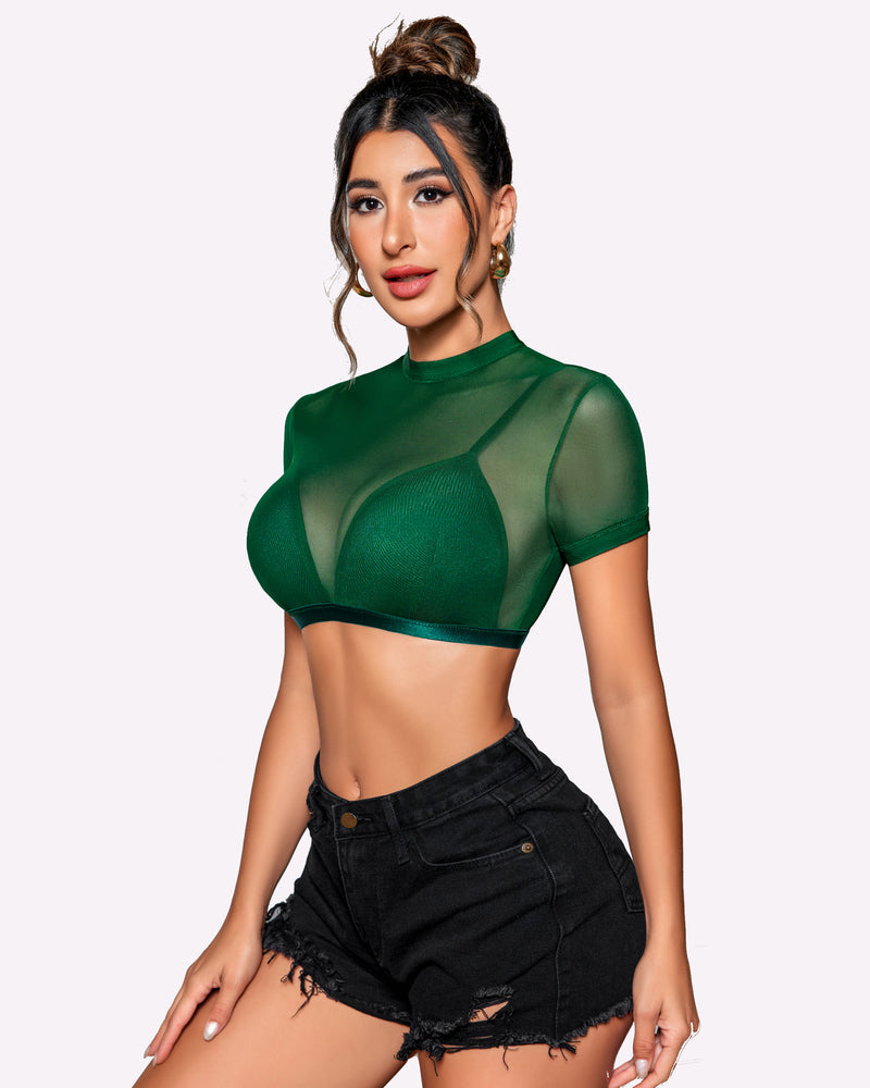 Green mesh crop top with bra and black denim shorts. Sexy and fashionable, Avidlove style