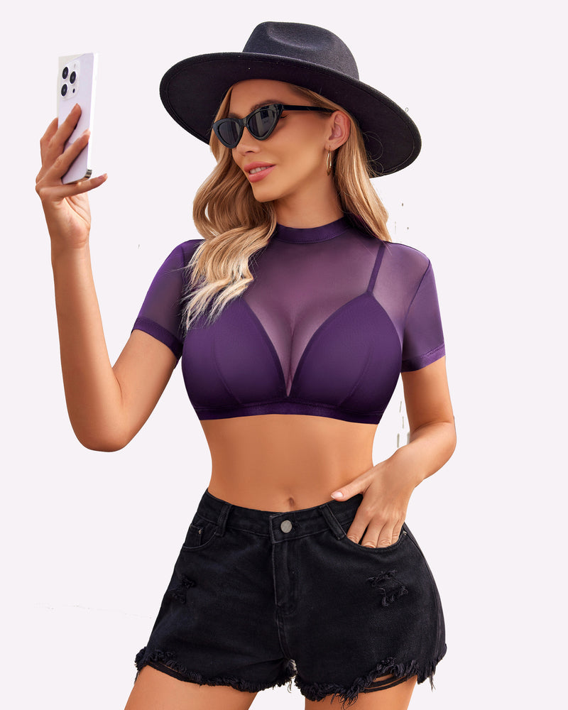 Avidlove purple mesh crop top with integrated bra, black denim shorts. Fashionable and sexy ensemble