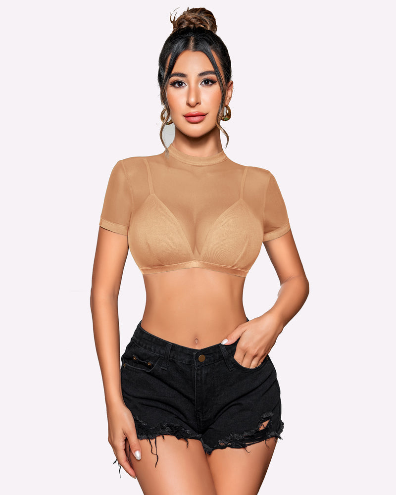 Tan see-through crop top with bra, black denim shorts. Fashionable and sexy Avidlove style.
