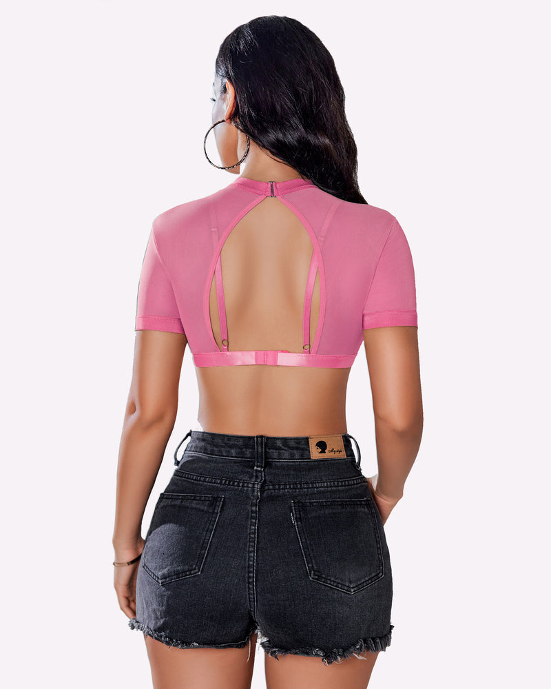 Pink see-through crop top with bra and black denim shorts. Fashionable and sexy Avidlove style