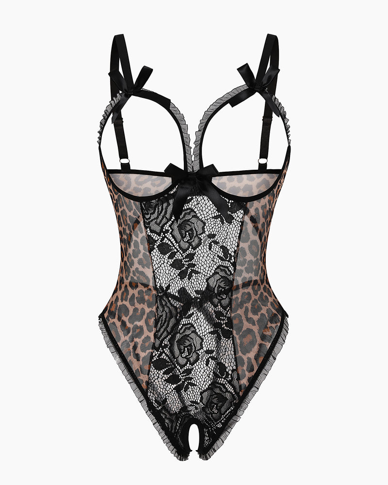 Avidlove leopard lace mini bodysuit with cutout bra, ruffle trim, and crotchless. Sexy lingerie.