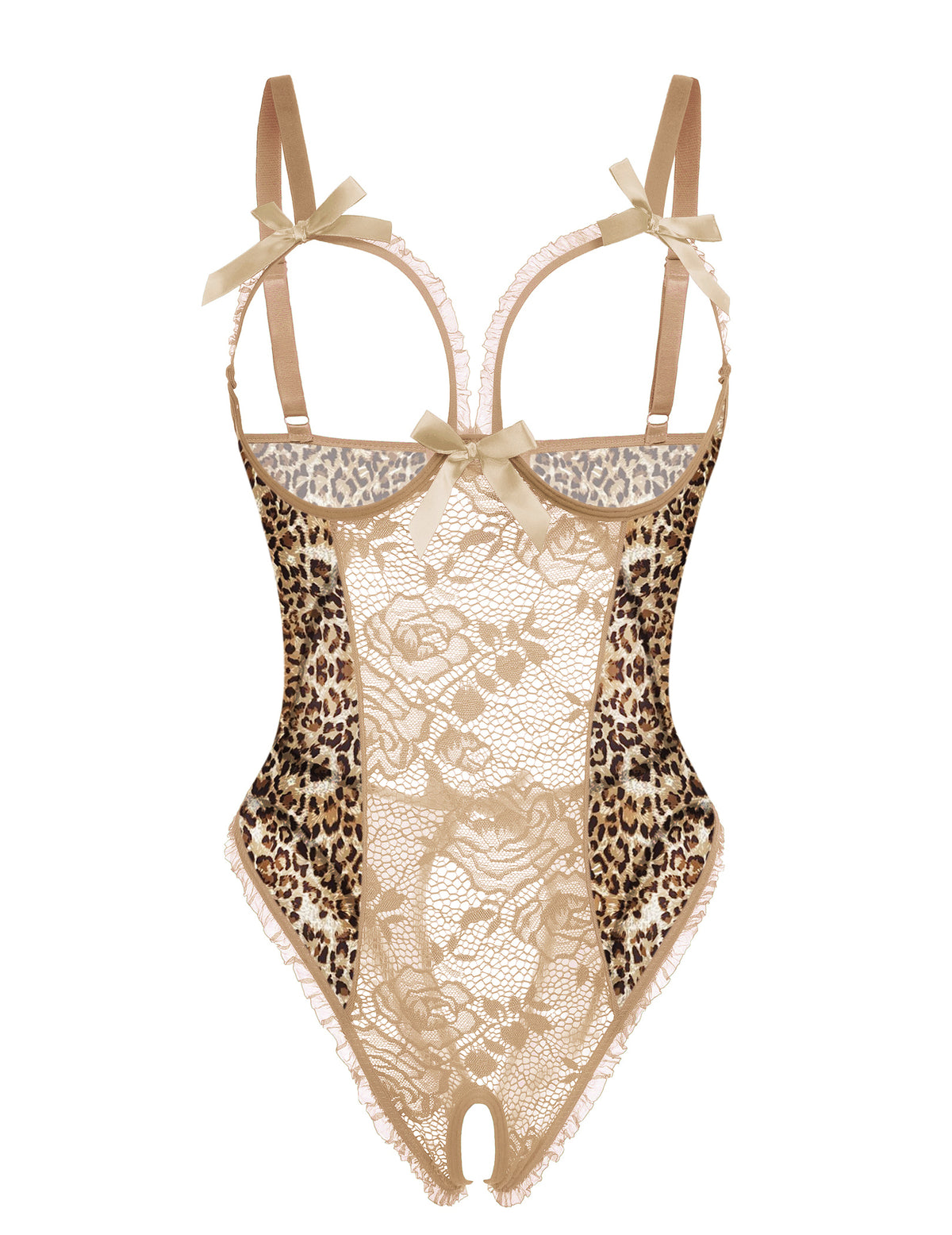 Beige lace mesh open-cup crotchless teddy with leopard sides and bow straps