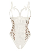 White lace mesh open-cup crotchless teddy with leopard side panels and bows