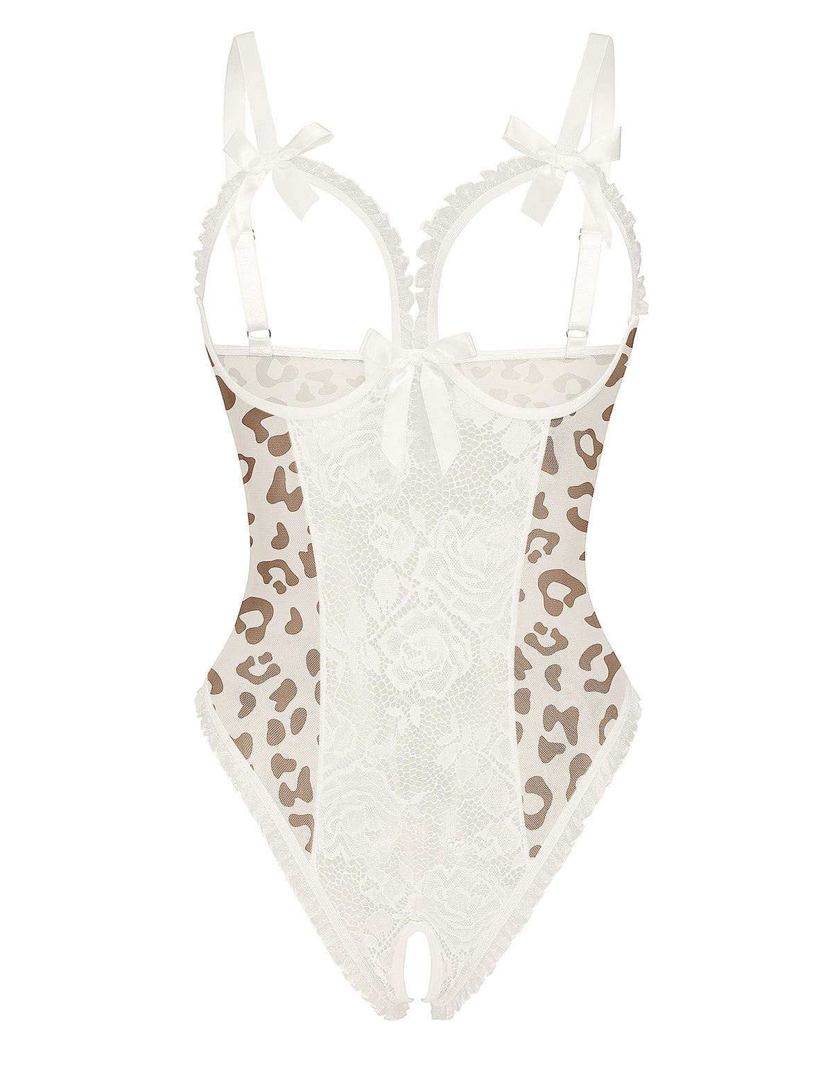 White lace mesh open-cup crotchless teddy with leopard side panels and bows