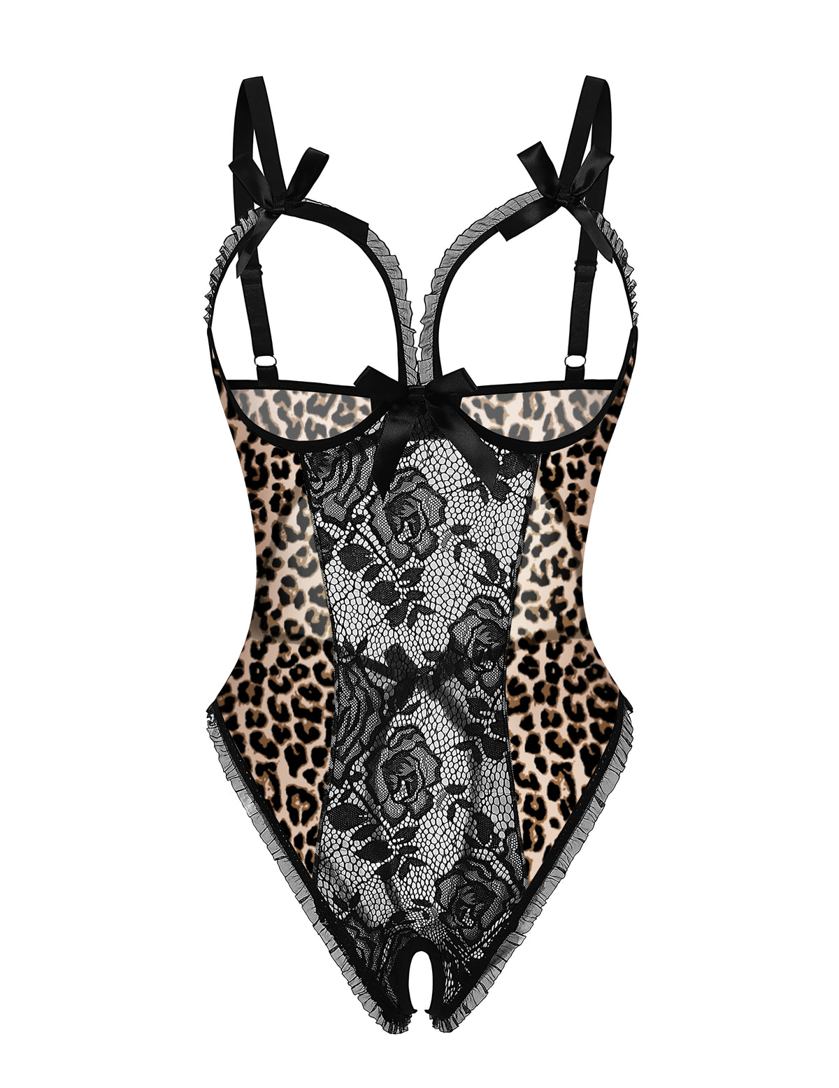 Black lace mesh open-cup crotchless teddy with leopard front and bow straps