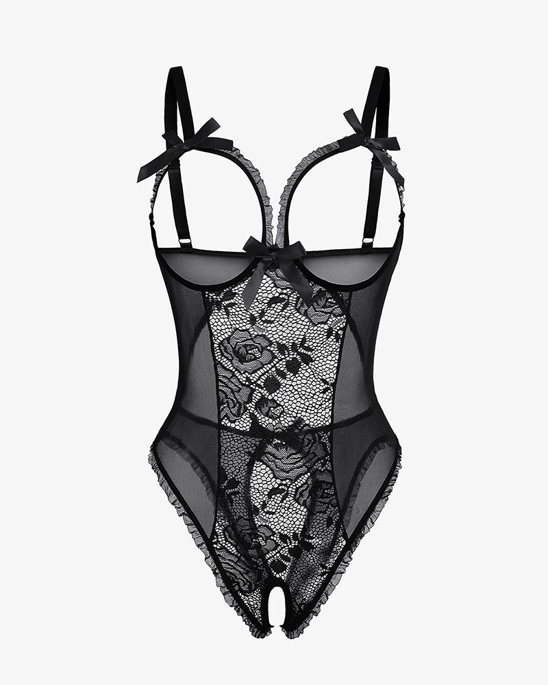Avidlove black lace mini bodysuit, cutout bra, ruffle trim, crotchless design. Sexy lingerie.