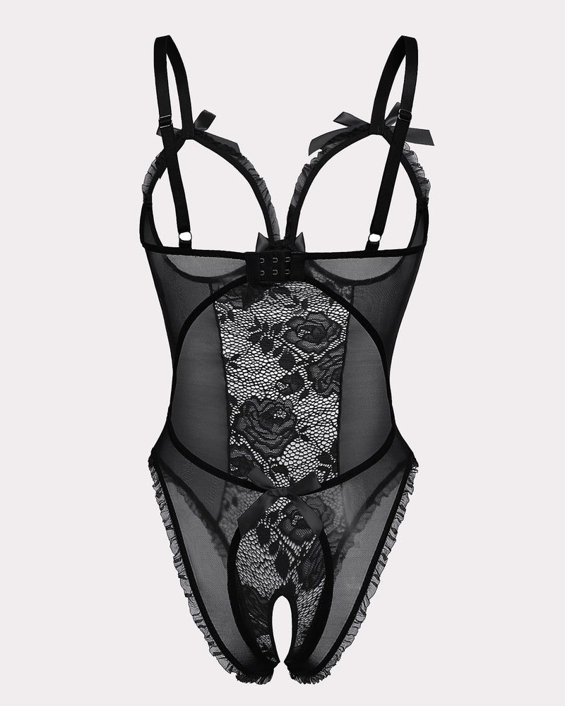 Black lace mini bodysuit with floral lace and cutout design, adjustable straps, crotchless style.