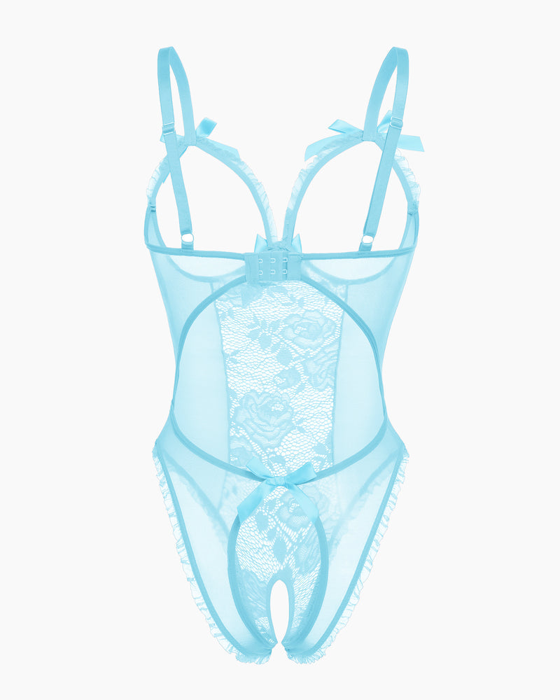 Avidlove light blue lace mini bodysuit, cutout bra, ruffle trim, crotchless design. Sexy lingerie
