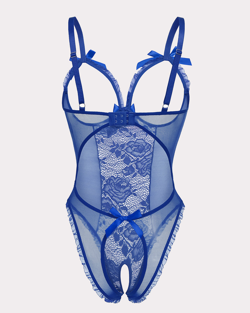 Blue floral lace mini bodysuit. Cutout back, adjustable straps, crotchless design. Sexy lingerie.